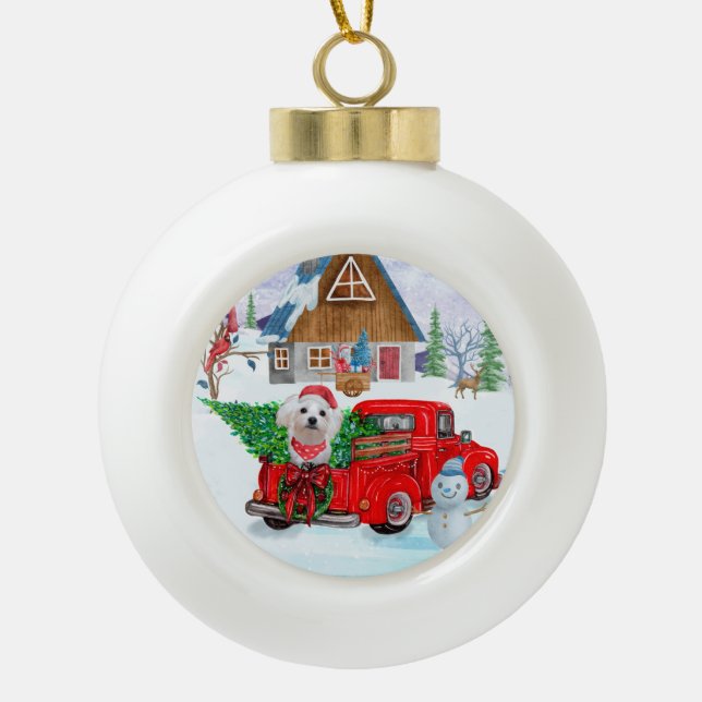 Maltese Dog In Christmas Delivery Truck Snow Ceramic Ball Christmas Ornament (Front)