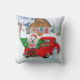 Maltese Dog In Christmas Delivery Truck Snow Cushion