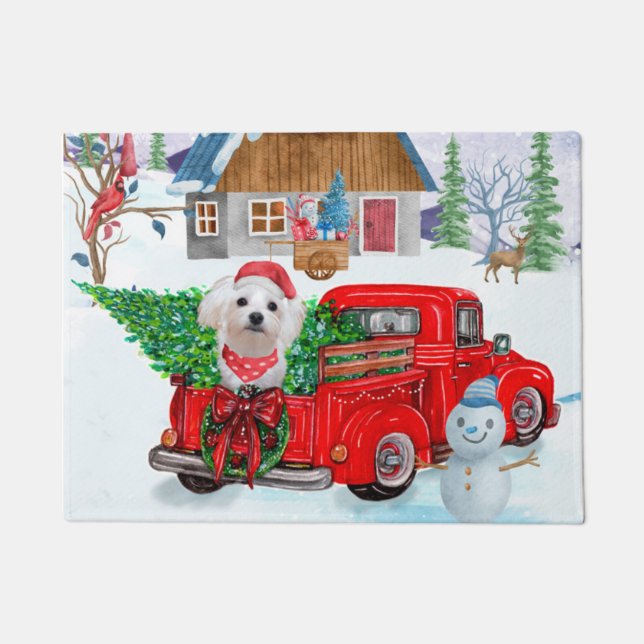 Maltese Dog In Christmas Delivery Truck Snow Doormat (Front)