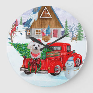 Maltese Dog In Christmas Delivery Truck Snow Large Clock