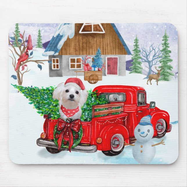 Maltese Dog In Christmas Delivery Truck Snow Mouse Mat (Front)