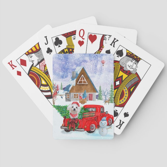 Maltese Dog In Christmas Delivery Truck Snow Playing Cards (Back)