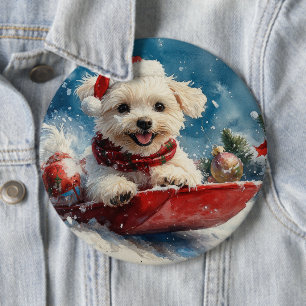 Maltese Dog in Sledge Let it Snow Christmas 6 Cm Round Badge