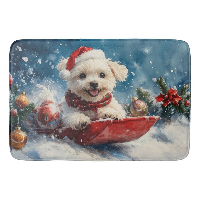 Maltese Dog in Sledge Let it Snow Christmas Bath Mat (Front)