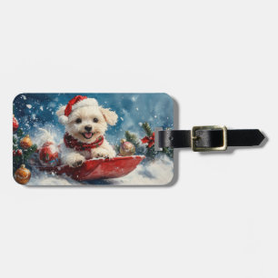 Maltese Dog in Sledge Let it Snow Christmas Luggage Tag