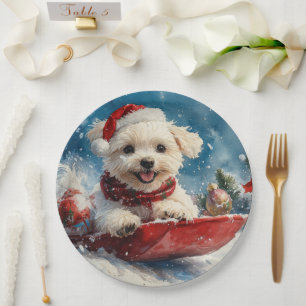 Maltese Dog in Sledge Let it Snow Christmas Paper Plate