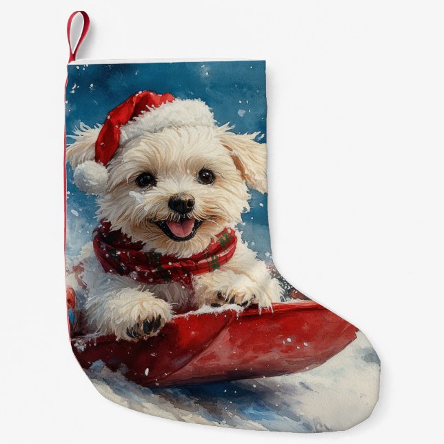 Maltese Dog in Sledge Let it Snow Christmas Small Christmas Stocking (Front)