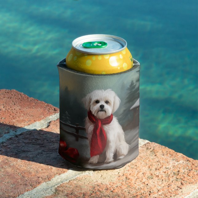 Maltese Dog in Snow Christmas  Can Cooler (In Situ Pool)