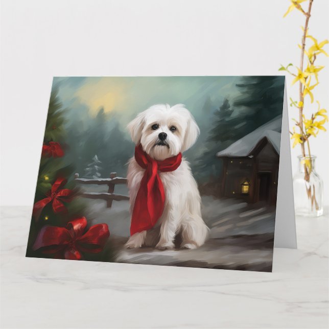 Maltese Dog in Snow Christmas  Card (Yellow Flower)