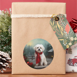 Maltese Dog in Snow Christmas Classic Round Sticker