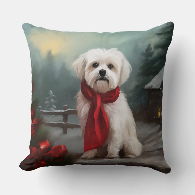 Maltese Dog in Snow Christmas  Cushion (Front)