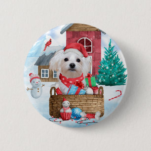 Maltese Dog In snow Christmas Dog House 6 Cm Round Badge