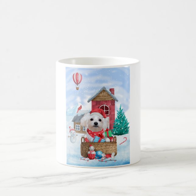 Maltese Dog In snow Christmas Dog House Coffee Mug (Center)
