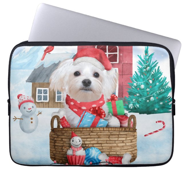 Maltese Dog In snow Christmas Dog House Laptop Sleeve (Front)