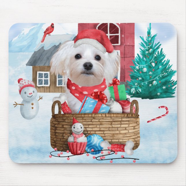 Maltese Dog In snow Christmas Dog House Mouse Mat (Front)