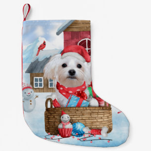 Maltese Dog In snow Christmas Dog House Small Christmas Stocking