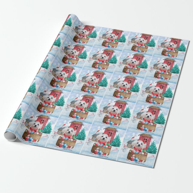 Maltese Dog In snow Christmas Dog House Wrapping Paper (Unrolled)