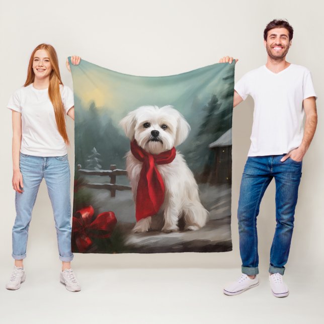 Maltese Dog in Snow Christmas  Fleece Blanket (In Situ)
