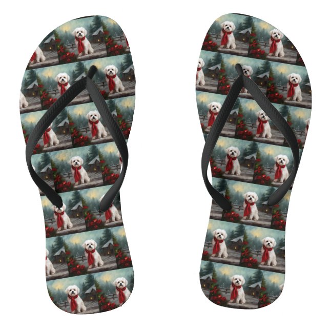 Maltese Dog in Snow Christmas  Flip Flops (Footbed)