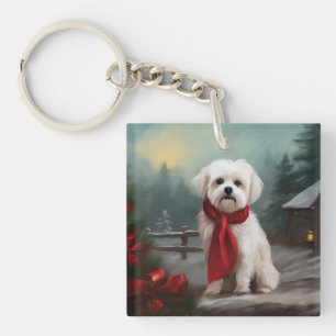 Maltese Dog in Snow Christmas Key Ring