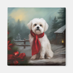 Maltese Dog in Snow Christmas Magnet