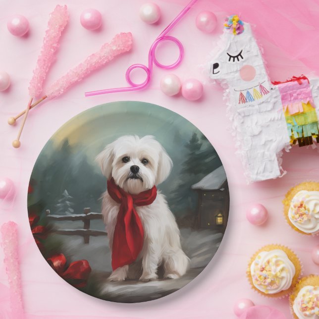 Maltese Dog in Snow Christmas  Paper Plate (Party)