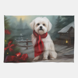 Maltese Dog in Snow Christmas Tea Towel