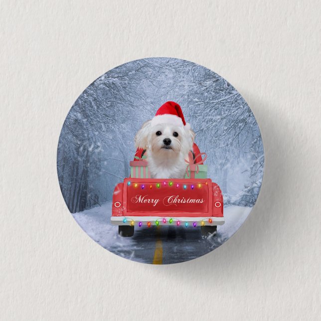 Maltese Dog in Snow sitting in Christmas Truck  3 Cm Round Badge (Front)