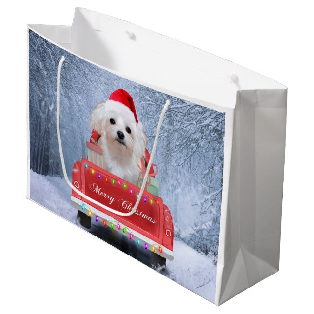 Maltese Dog in Snow sitting in Christmas Truck Car Large Gift Bag (Front Angled)