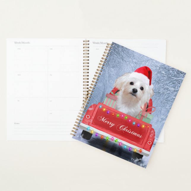 Maltese Dog in Snow sitting in Christmas Truck Car Planner (Display)