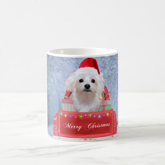 Maltese Dog in Snow sitting in Christmas Truck  Coffee Mug (Center)