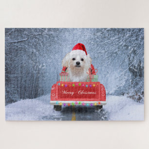 Maltese Dog in Snow sitting in Christmas Truck Jigsaw Puzzle