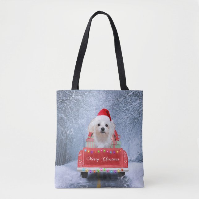 Maltese Dog in Snow sitting in Christmas Truck  Tote Bag (Front)