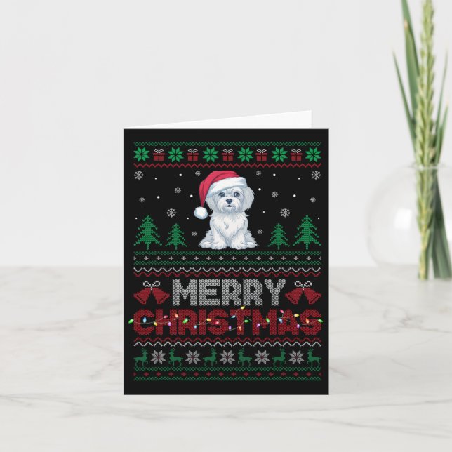 Maltese Dog Lovers Santa Hat Christmas Tree Lights Card (Front)