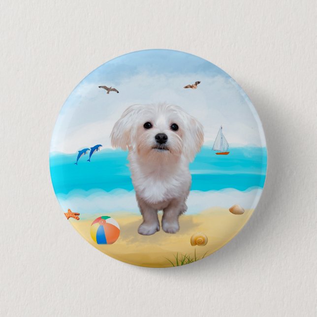 Maltese Dog on Beach 6 Cm Round Badge (Front)
