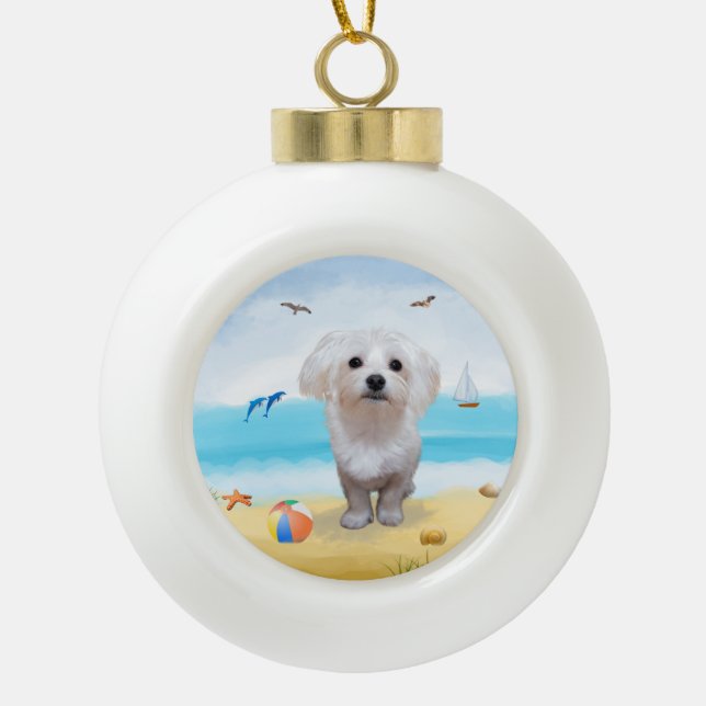 maltese Dog on Beach  Ceramic Ball Christmas Ornament (Front)