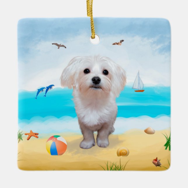 Maltese Dog on Beach Ceramic Ornament (Front)