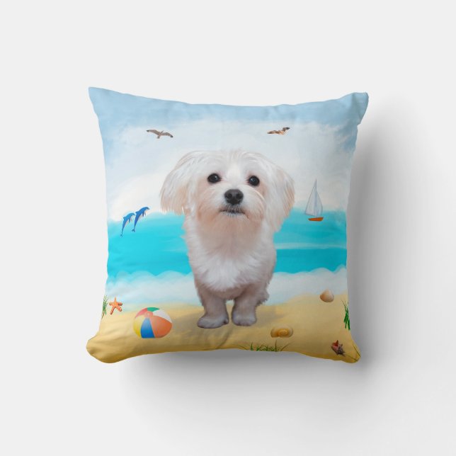 maltese Dog on Beach  Cushion (Front)