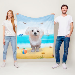 Maltese Dog on Beach Fleece Blanket