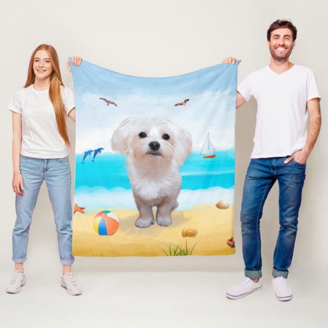 Maltese Dog on Beach Fleece Blanket (In Situ)