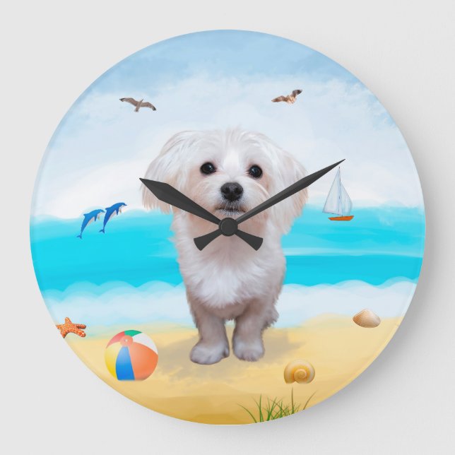 Maltese Dog on Beach Large Clock (Front)