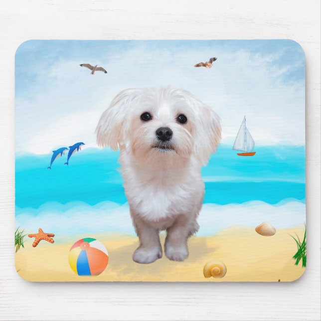 Maltese Dog on Beach Mouse Mat (Front)