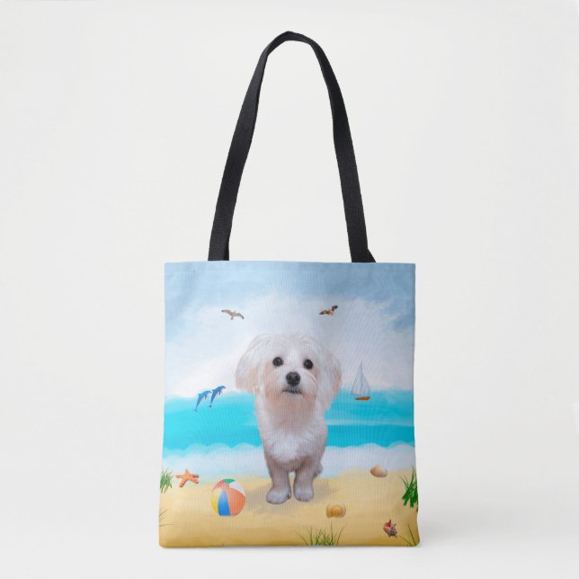 Maltese Dog on Beach Tote Bag (Front)