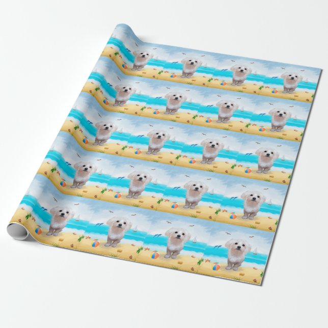 Maltese Dog on Beach Wrapping Paper (Unrolled)