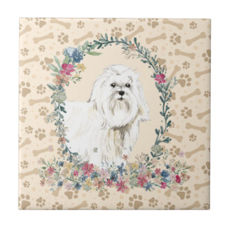 Maltese Dog Paw Print Floral Cute Beige Tile