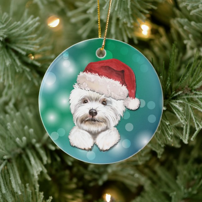 Maltese Dog Red Santa Hat Christmas Ceramic Tree Decoration (Tree)