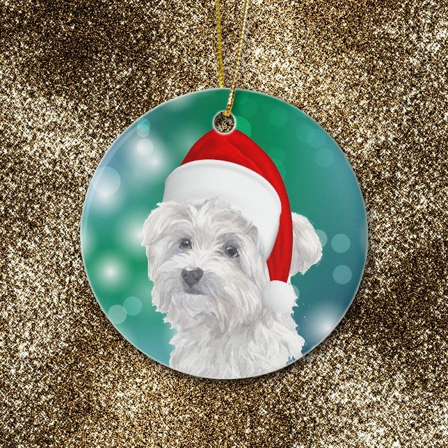 Maltese Dog Red Santa Hat Christmas  Ceramic Tree Decoration (Creator Uploaded)
