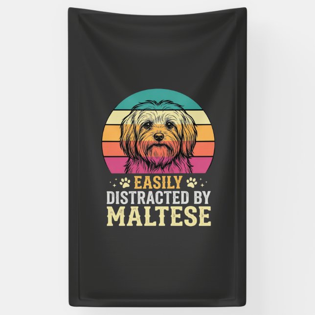 Maltese Dog Retro Sunset Distracted Banner (Vertical)