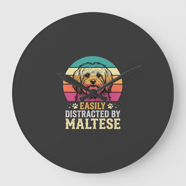 Maltese Dog Retro Sunset Distracted Large Clock (Front)