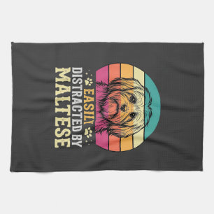 Maltese Dog Retro Sunset Distracted Tea Towel